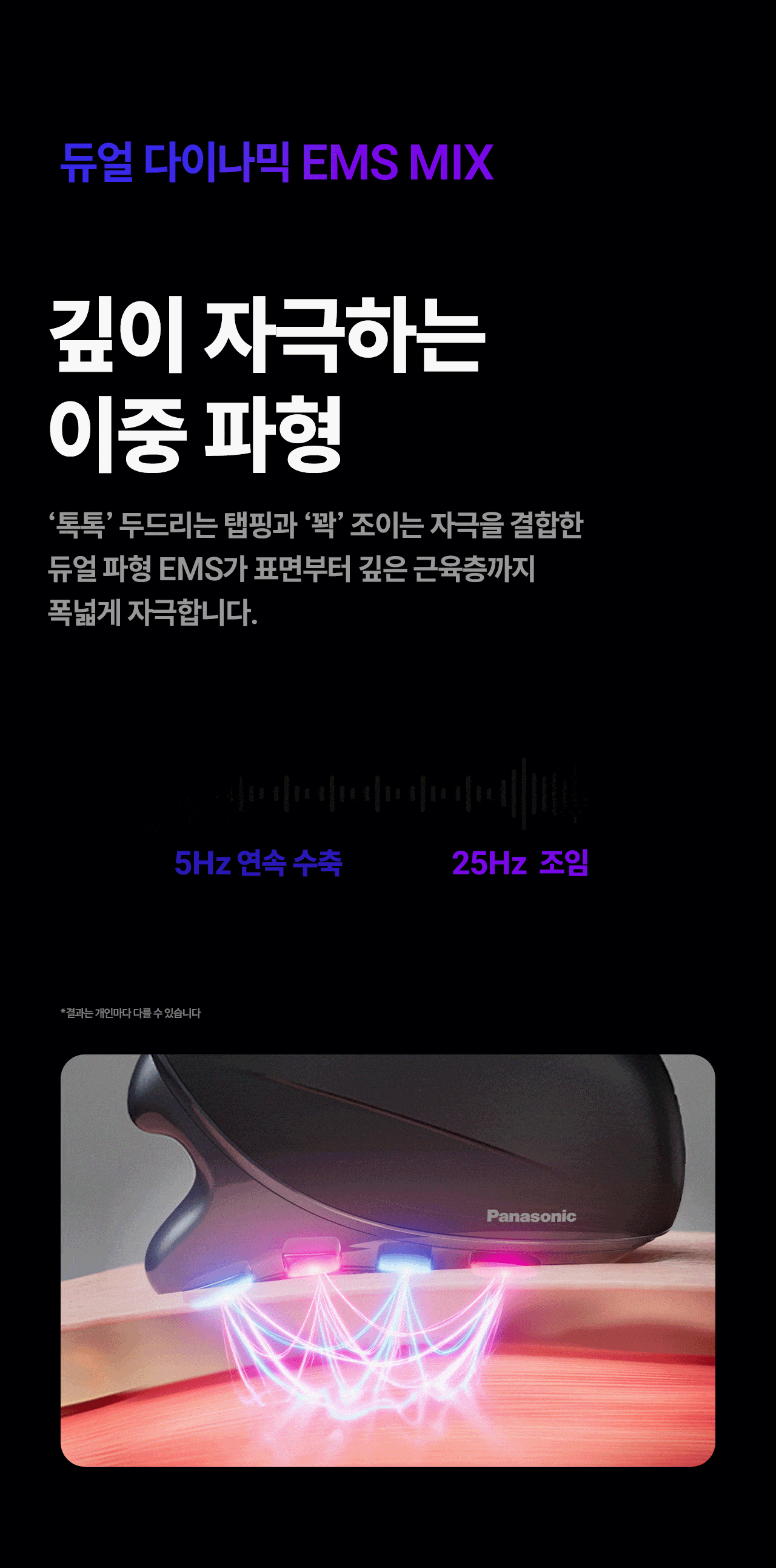 소프트 엑서사이즈 EMS(약 100Hz)와 듀얼 다이나믹 EMS 믹스 기능 안내